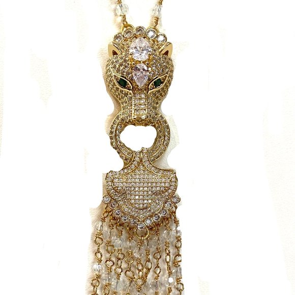 Long panther face necklace with clear crystal stone , Hand made - Picture 2 of 2